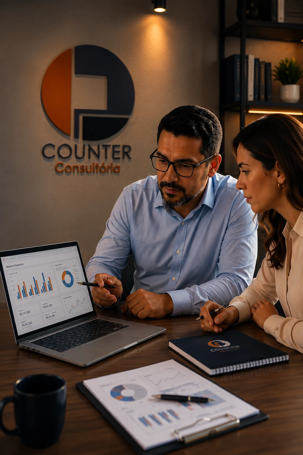 Consultor da Counter apresentando um relatório financeiro para uma cliente